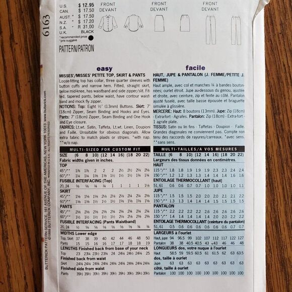 Vintage 90s Butterick Pattern 6163 Uncut Button Up Shirt Pants Skirt Sz 6 8 10 - Picture 3 of 3